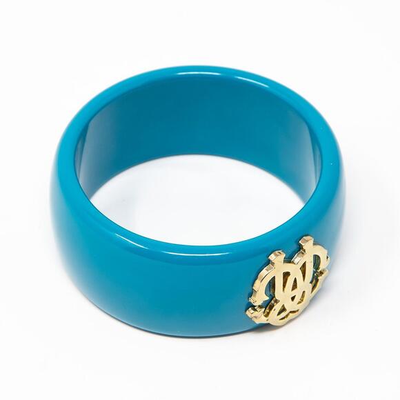 Authentic Roberto Cavalli Teal Blue Bangle Bracelet Plastic Gold Tone Logo Large - Picture 5 of 6